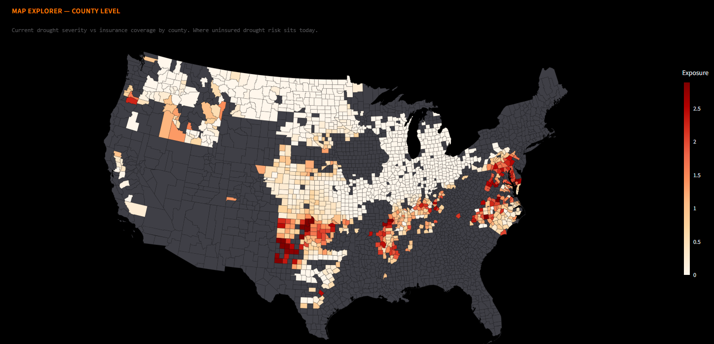 County-level U.S. map of wheat drought exposure across both winter-wheat country in the Southern and Central Plains and spring-wheat country in the Northern Plains. Each county is shaded by how much wheat ground sits in active drought without a federal insurance backstop.