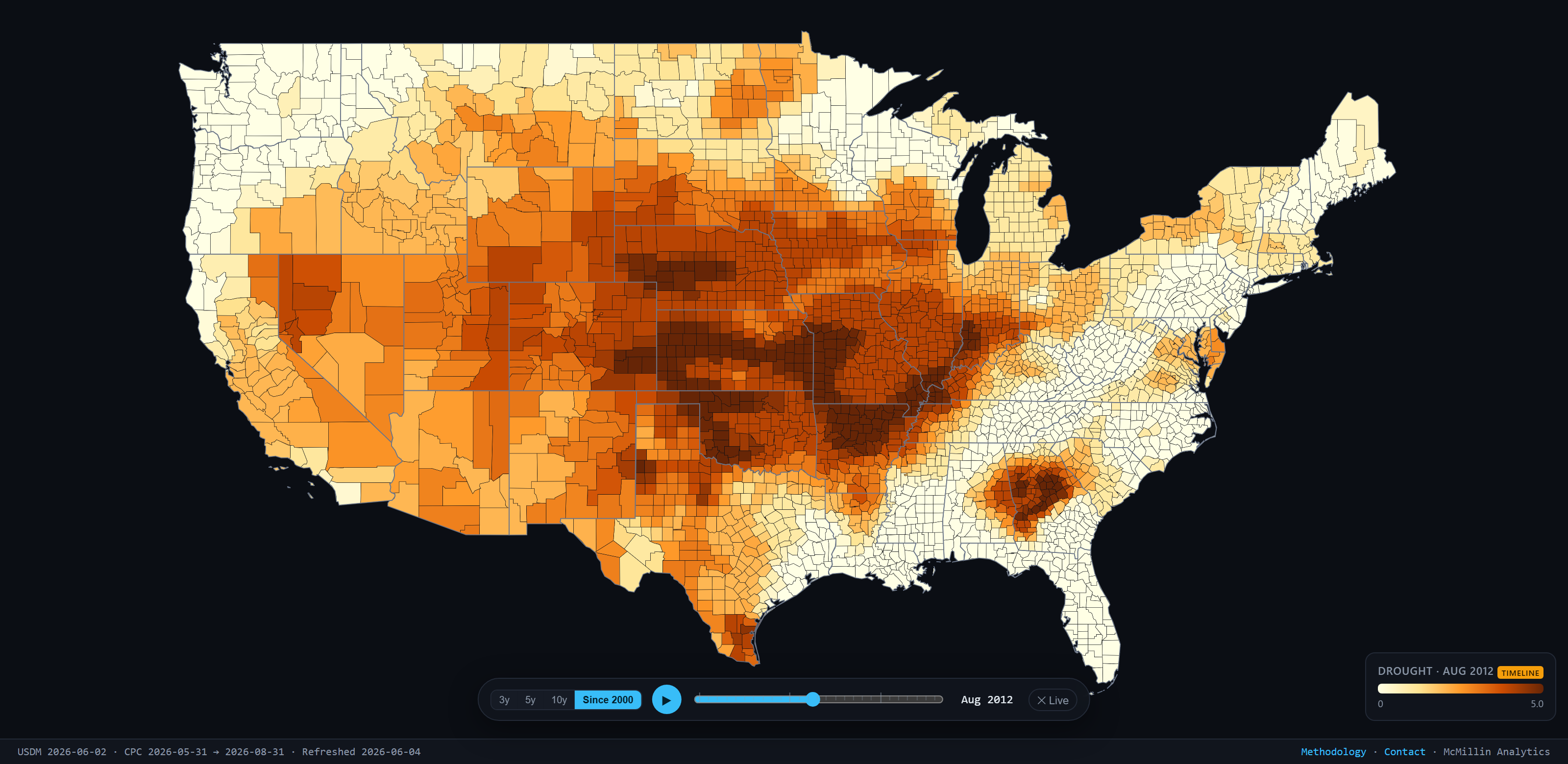 County-level map of the contiguous United States shaded by U.S. Drought Monitor severity for August 2012, when deep drought covered most of the central and western states. A timeline scrubber set to Aug 2012 sits below the map.